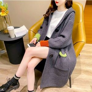 New Fashion Woman Hooded Knitted Coat /Jacket Long Grey Multi Color Free Size